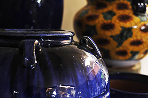 Glazed pottery pots, urns and statues